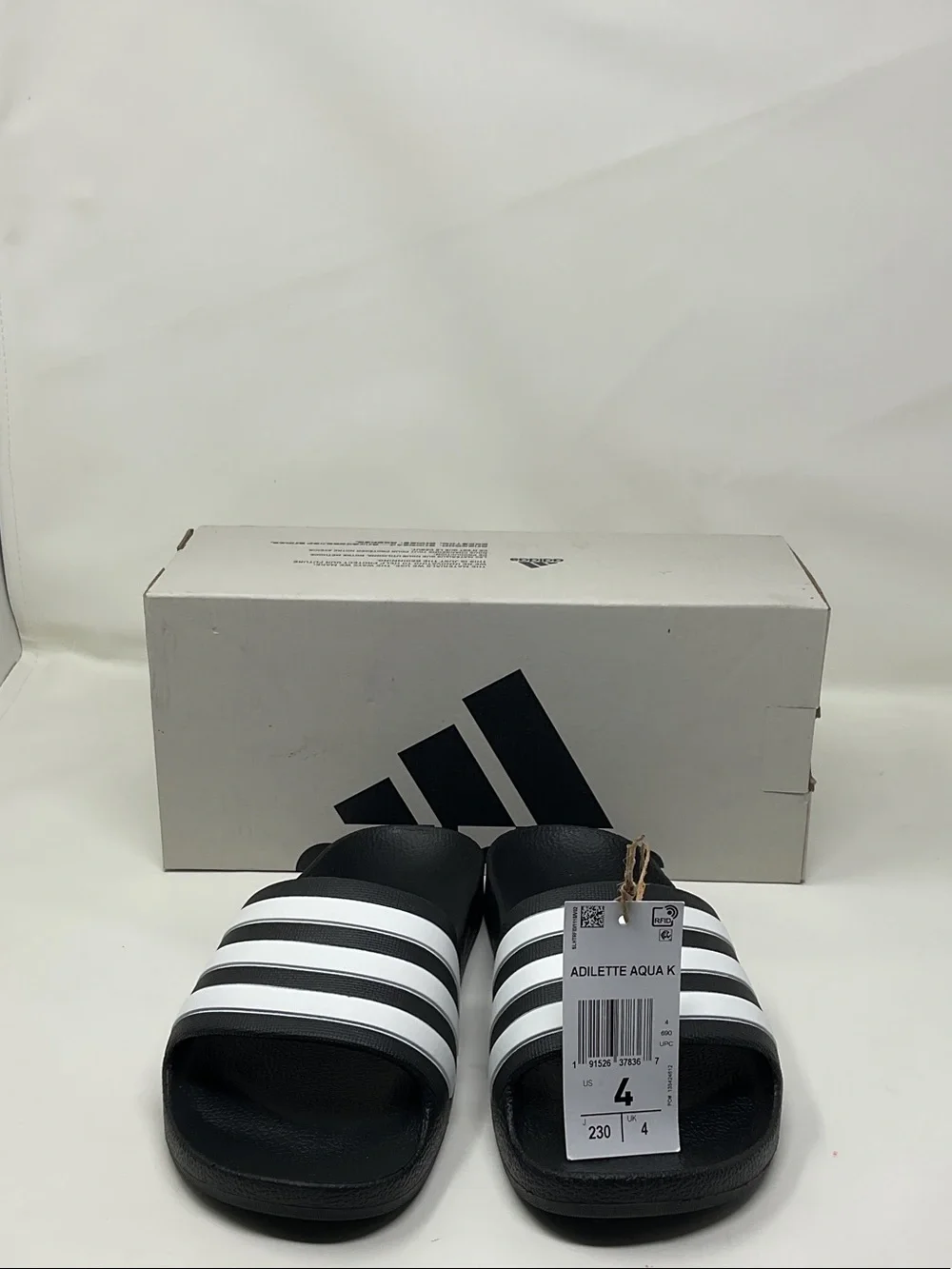Kids size 4 adidas Black and White Adilette Aqua Slide Sandals NEW